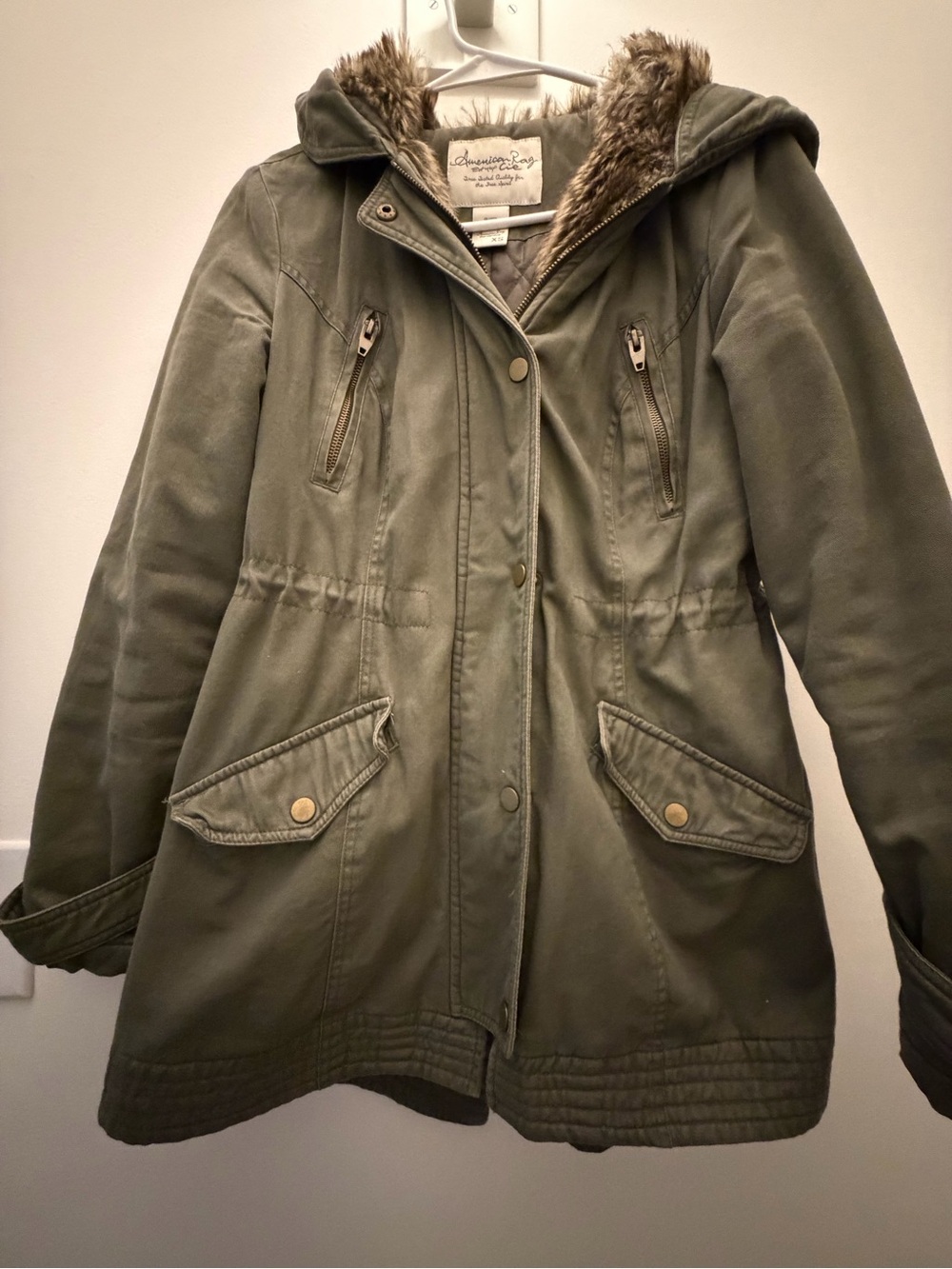 American Rag Olive Utility Hooded Parka with Faux-Fur Trim